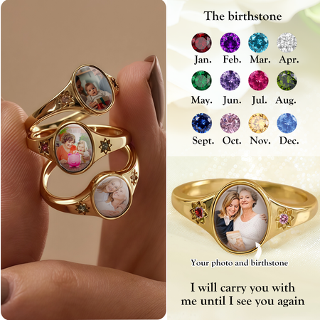 Personalized Custom Oval Photo Ring With 2 Birthstones, Gift for Her